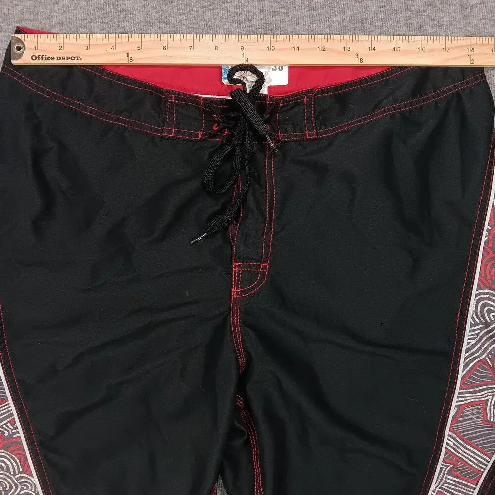 OP Swim Trunks Shorts Mens 38 Black Red Board Shorts Tribal Print Surf Beachwear
